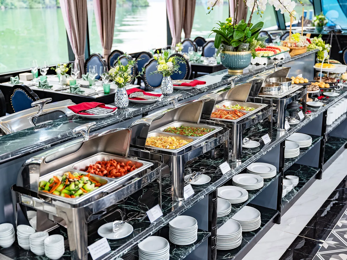 Sea Lion Premium restaurant evening setup with mood lighting for dinner cruise